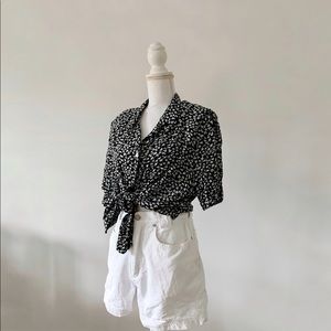 vintage silky rayon black with white floral top
